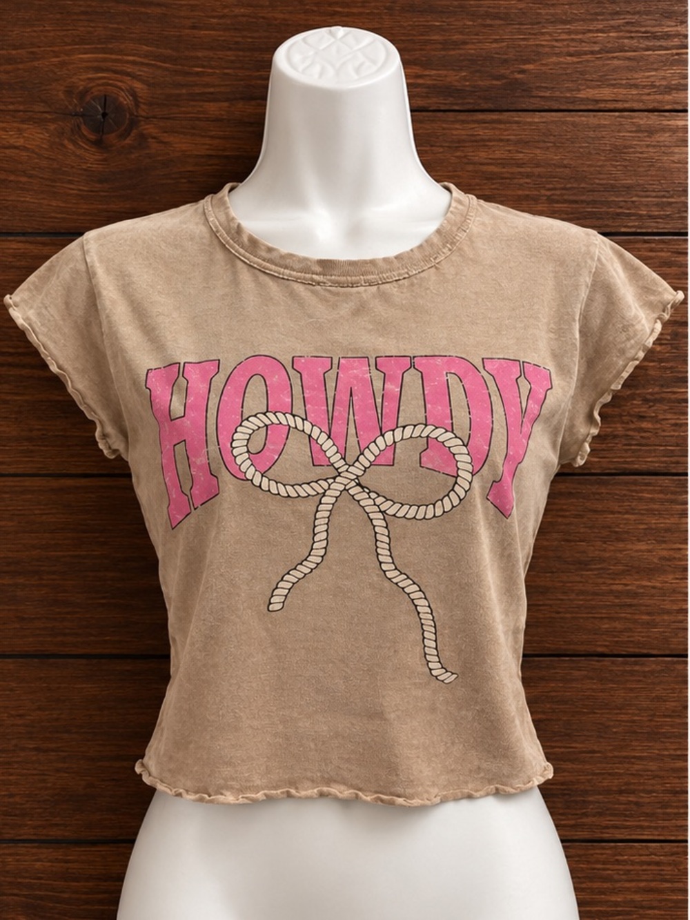 Crop Tee with Pink 'Howdy' Graphic - Taupe